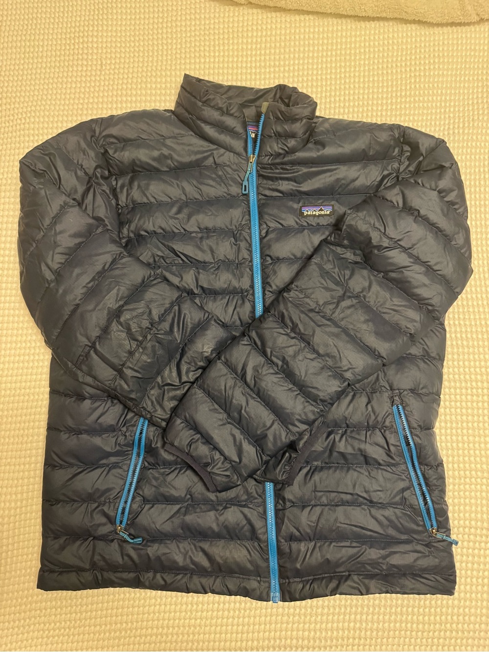 Patagonia Navy Puffer Jacket with Blue Zipper Accents